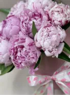 Композиция из пионов в шляпной коробке